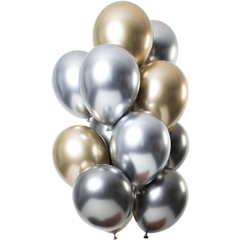 12 Luftballons Mirror Onyx Gold Silber Mix